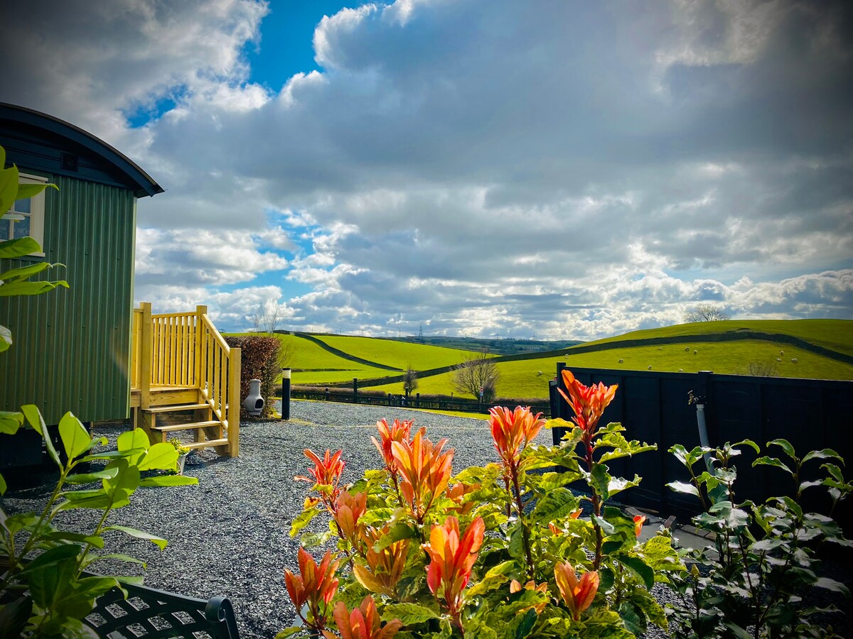 A peaceful view of the surrounding countryside is presented, featuring rolling green hills under a partly cloudy sky. Bright orange flowers add color to the foreground, while steps lead up to the hut, and a gravel pathway extends through the scene.