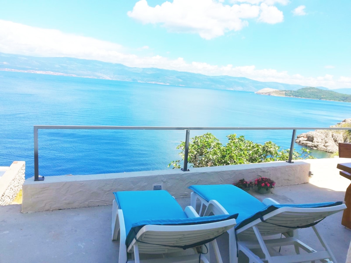 Two lounge chairs with blue cushions are positioned on a terrace overlooking the sea. The calm water reflects the sky, creating a serene atmosphere. Lush greenery is visible nearby, enhancing the natural landscape. A small flower pot adds a subtle touch of color.