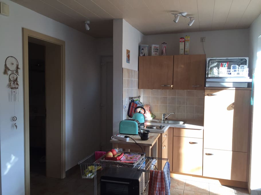 Die Küche mit einer Spülmaschine, einem Toaster und Wasserkocher.