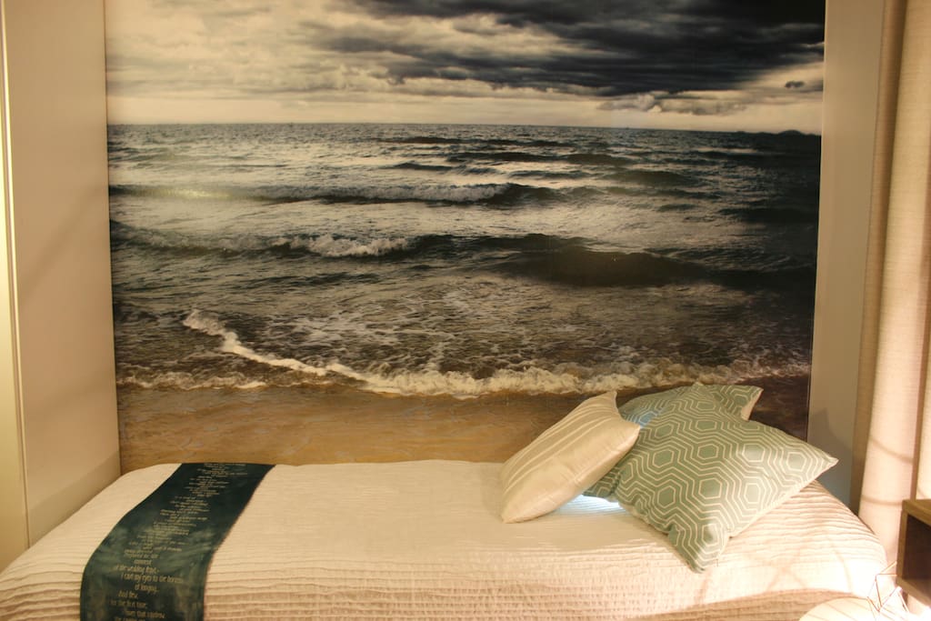 The room has an oceanic feel to it