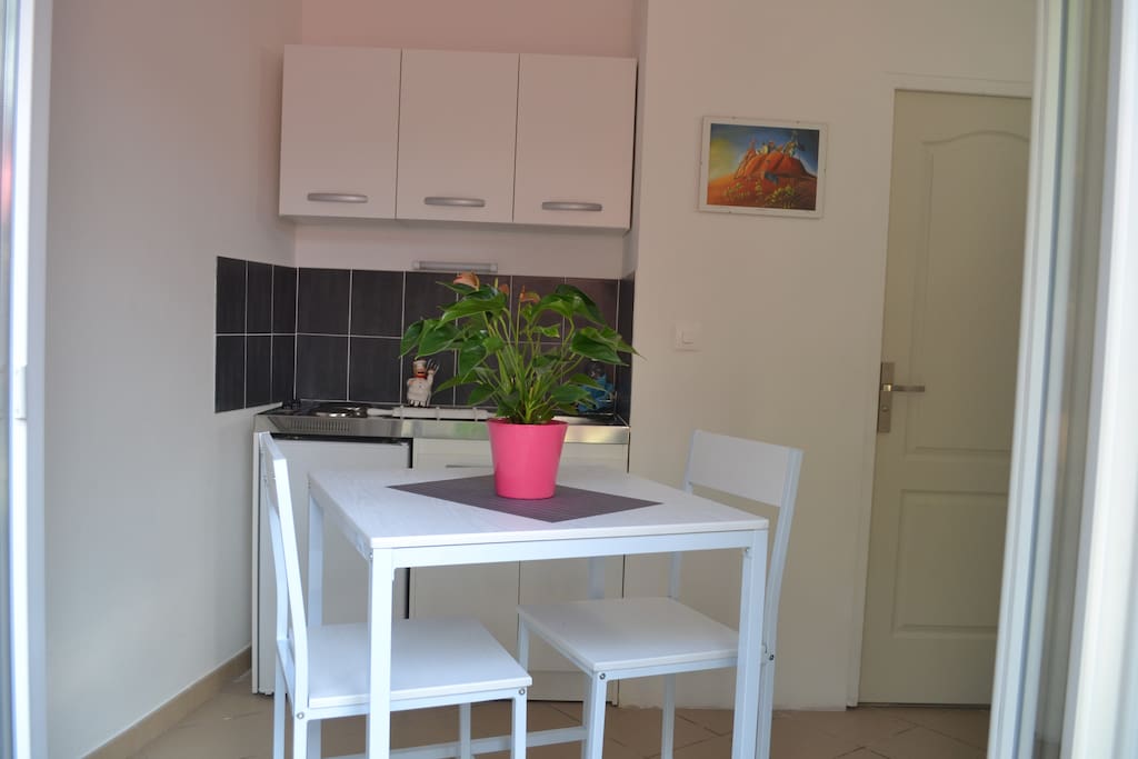 Cuisine équipée, frigo, plaques de cuisson et vaisselle fournie