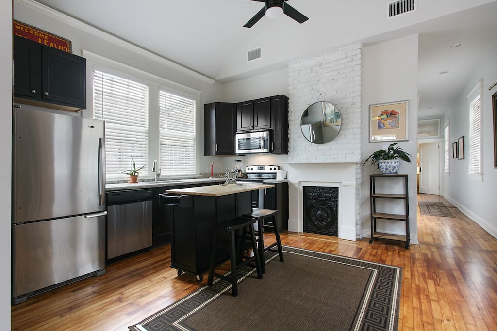 Kitchen with stainless appliances and everything you need to cook your favorite New Orleans recipe!
