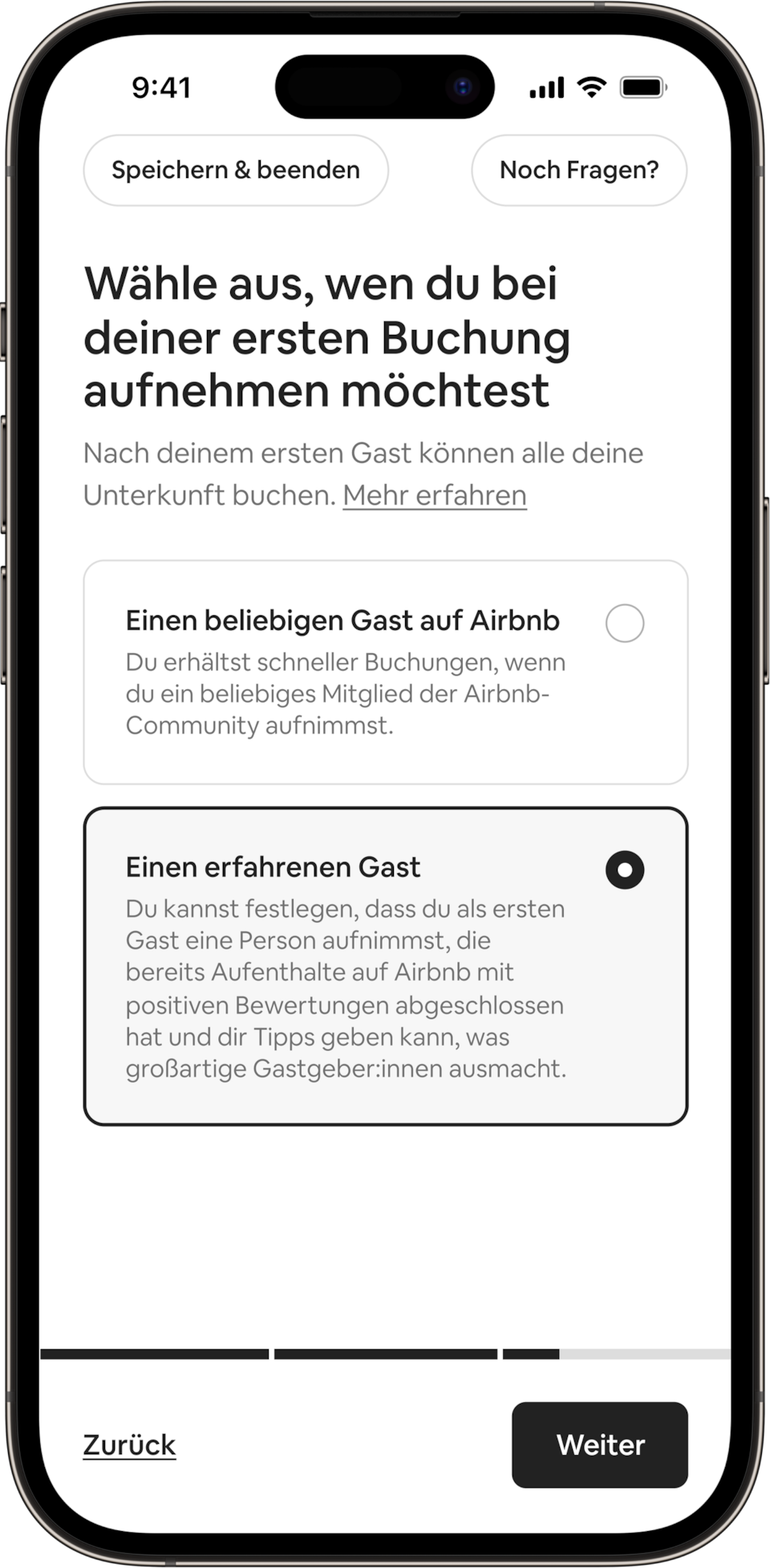 Auf einem Telefon wird der folgende Titel angezeigt: Wähle aus, wen du bei deiner ersten Buchung aufnehmen möchtest. Gastgeber:innen können selbst entscheiden, ob sie gleich beliebige Gäste oder zuerst nur erfahrene Gäste auf Airbnb aufnehmen möchten. Der Button „Erfahrener Gast“ ist ausgewählt.