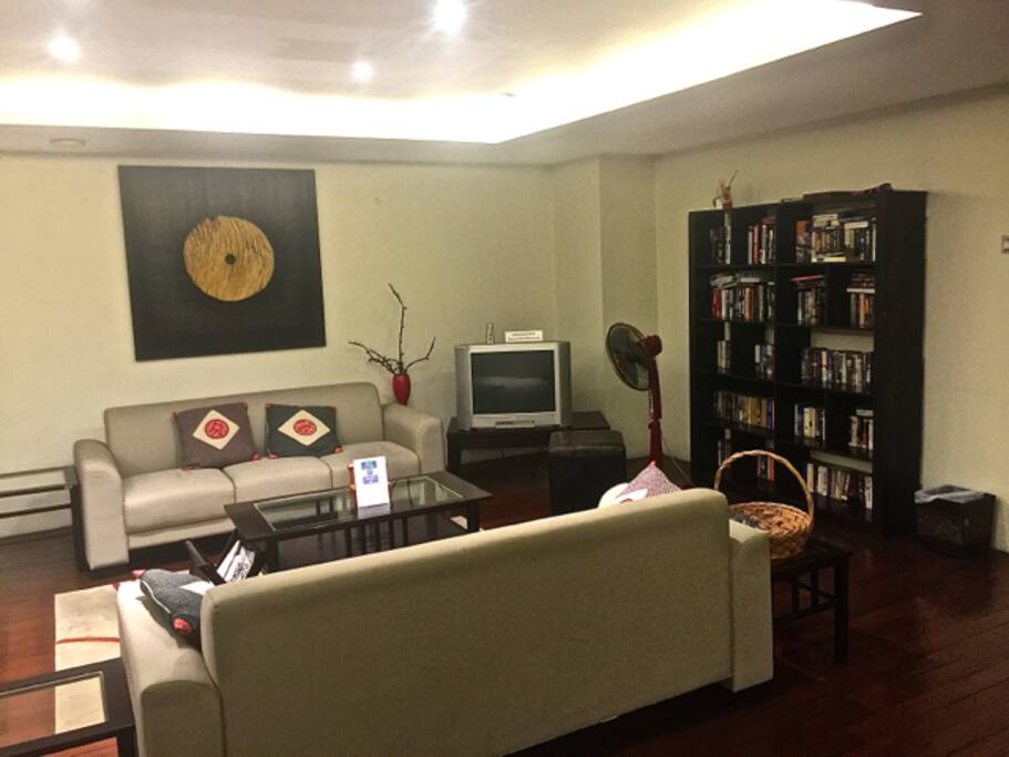 common area at the pool with television, dvds, book library