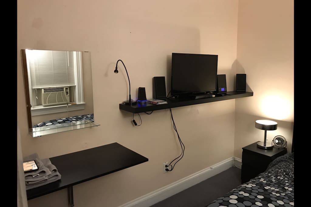 32" tv with smart bluray player and wifi and USB charging stand private in room desk & chair