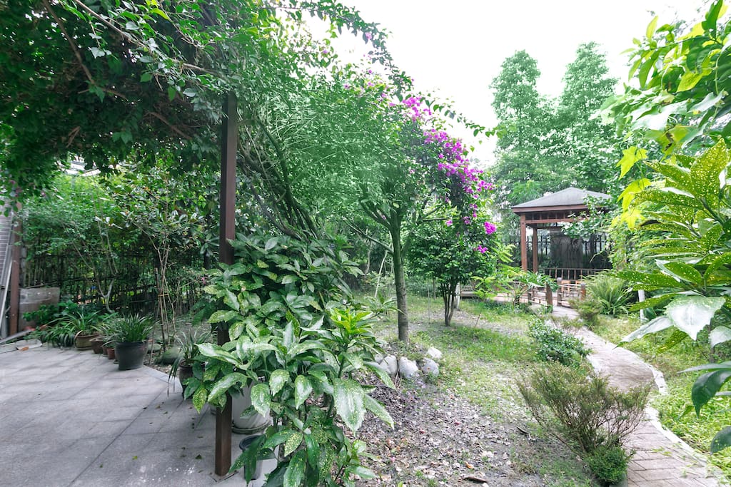 后花园,鱼池和休闲亭子,