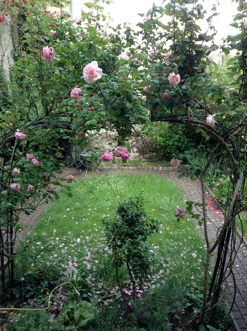 Jardin ceint de murs et plein de roses en juin