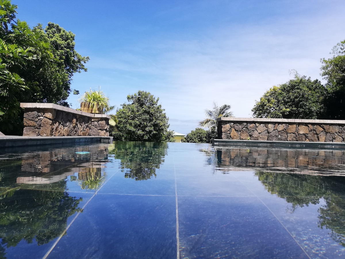 A serene infinity pool reflects the sky and surrounding greenery. Natural stone walls frame the pool area, while lush trees and foliage create a sense of privacy. The view extends towards the horizon, enhancing the tranquil atmosphere.