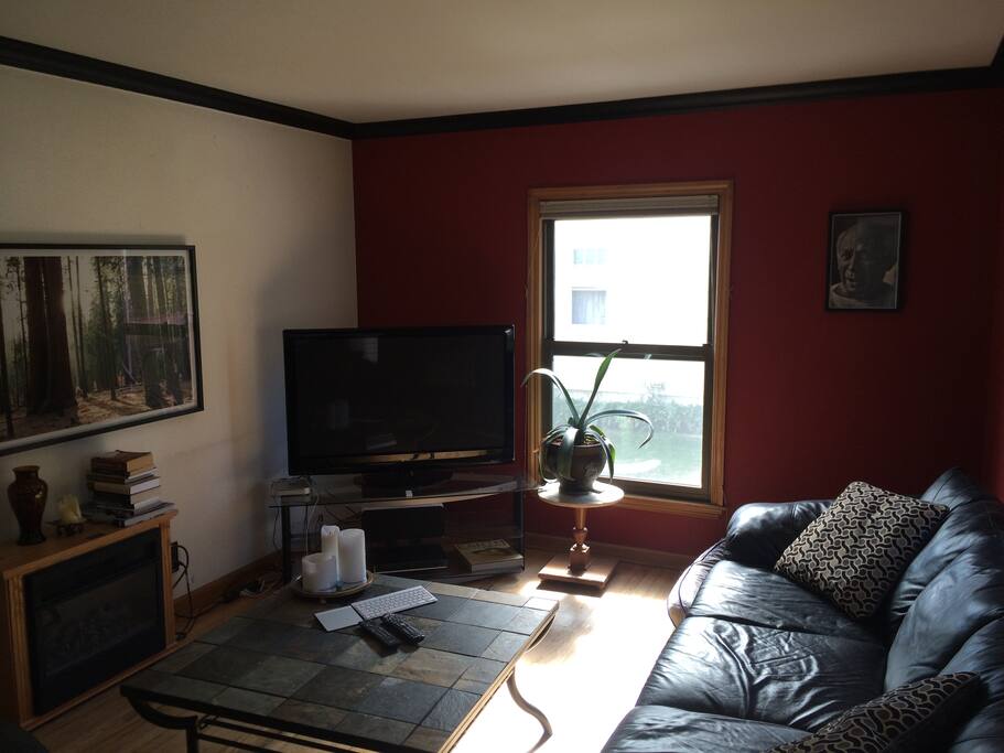 Living room with fabulous artwork, hardwood floors, mac mini hooked into TV.