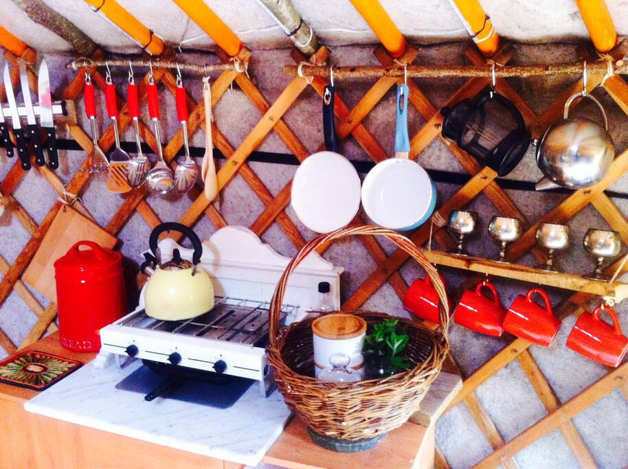 The kitchen area has everything you need to cook up a storm, including a complimentary breakfast hamper with tea, coffee, sugar, homemade granola, homemade jam and fresh mint for tea.