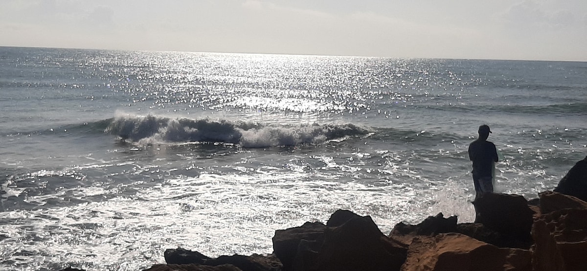 A serene coastal scene captures waves gently crashing against rocky formations. A solitary figure stands at the water's edge, gazing at the shimmering sea under a soft, bright sky. The sunlight reflects off the water surface, creating a peaceful ambiance.