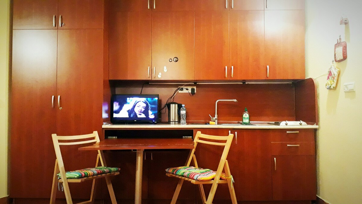 A compact kitchen area is presented with wooden cabinetry and a countertop featuring a small electric kettle and a television. A table with two chairs is situated in front, decorated with colorful seating cushions. The space is designed for functionality and comfort.