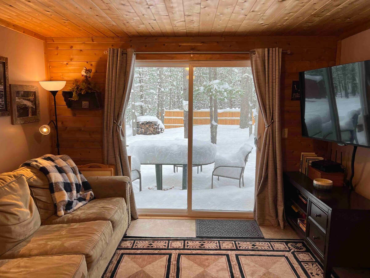 The living area features a cozy sofa draped with a plaid blanket. Large glass doors lead to a snow-covered patio, where outdoor furniture is partially obscured by snowfall. Natural wood paneling decorates the walls, complemented by soft-toned curtains and a television on a media console.
