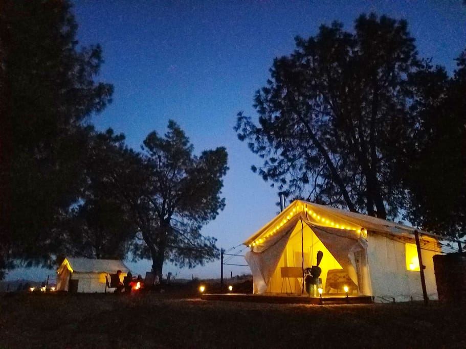 Glamping Tents with fire pit under the stars
