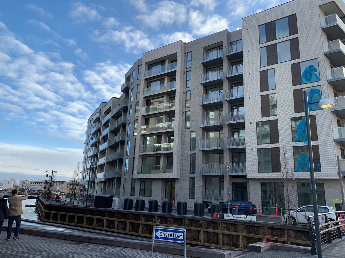 A modern apartment building is depicted, featuring multiple levels and glass balustrades on the balconies. The façade displays a blend of brick and light-colored materials, while a calm waterway runs along the front. The sky above is partly cloudy, allowing natural light to illuminate the scene.