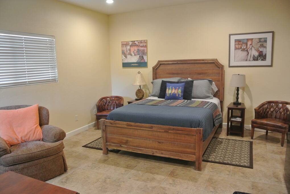 Your private Casita has a queen bed, comfortable linens and nightstands with reading lights.