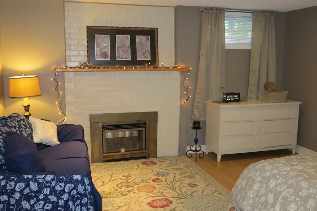 Large bedroom with fireplace, sofa and Queen bed