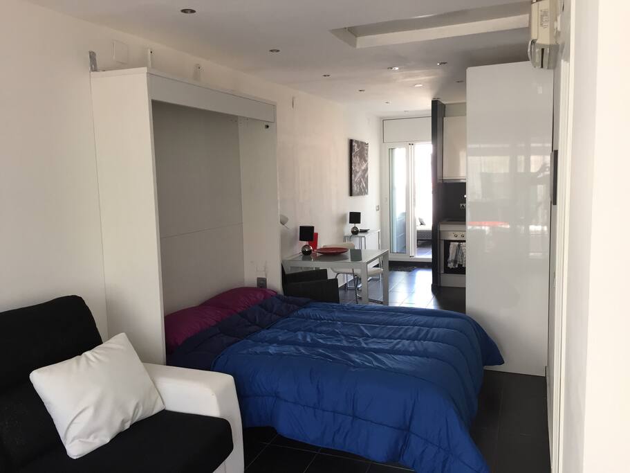 Comfortable fold down double bed, and sofa bed.