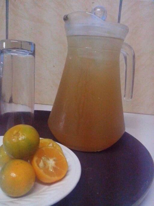 Complimentary breakfast. Fresh lemonade with eggs cooked to your liking, toast and fresh fruits.