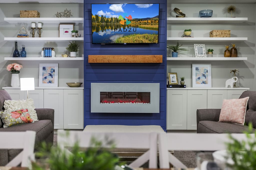 Modern Family Room with electric fireplace and HUGE plasma screen TV