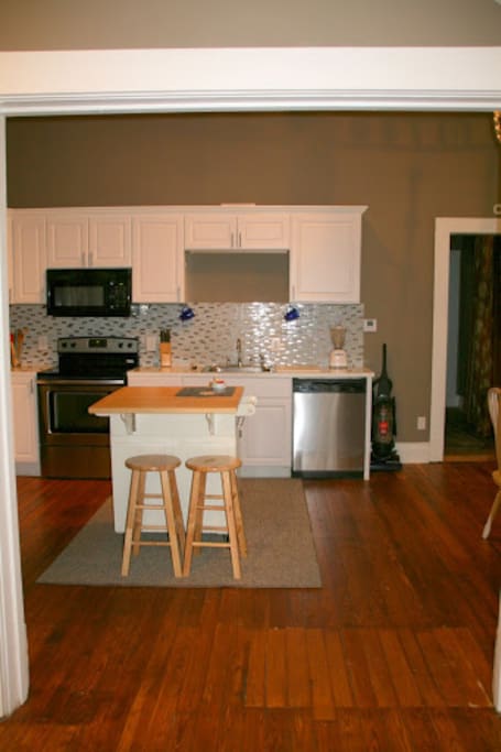 View of the kitchen from the open living room.