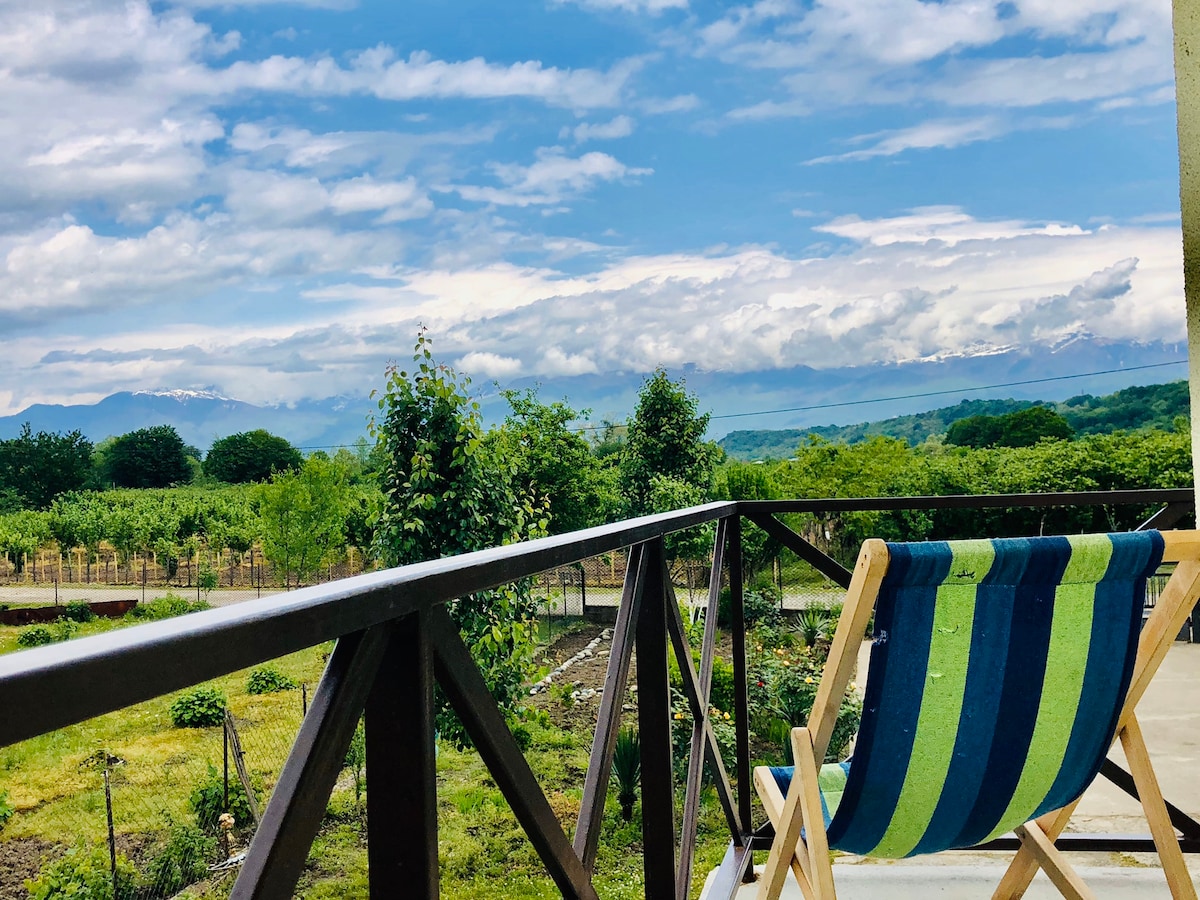 A balcony view showcases a scenic landscape of lush greenery and rolling hills, complemented by a dramatic sky with scattered clouds. A striped chair is positioned to overlook the vineyard, enhancing the serene outdoor experience.