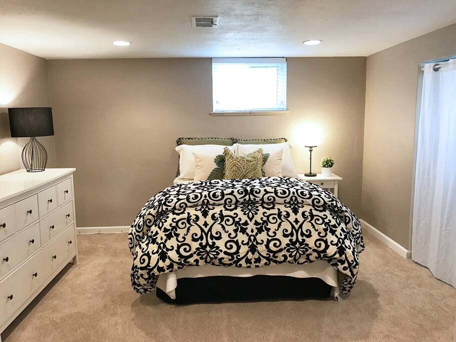 Large Bedroom with sliding barn doors and large closet. Full size bed. Room to add additional air mattress (stored in the closet) if needed.