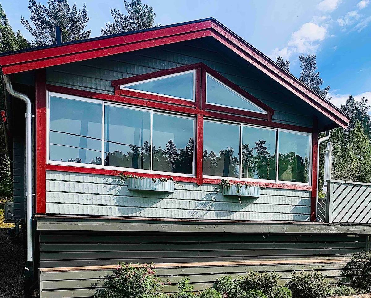 The exterior of the cabin features a modern design with large triangular windows framed in red. Window boxes adorned with flowers are visible, and the building is surrounded by a landscaped area. Pine trees can be seen in the background.