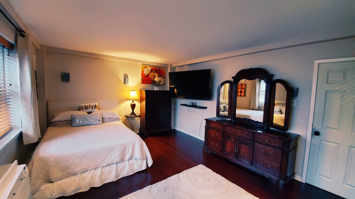 Dormitorio con Smart TV de 65". Cama tamaño queen. ¡Mucho espacio en los cajones y una hermosa vista del parque al otro lado de la calle!