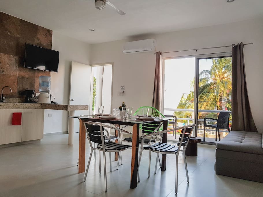 kitchen and dinning with balcony view