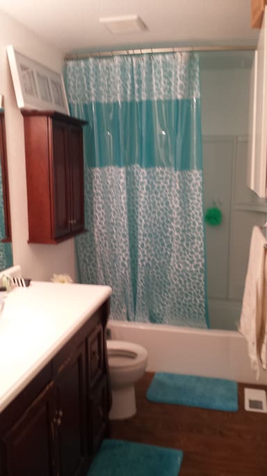 Shared bathroom which is almost never occupied, you're own cabinet for storage (will be marked) and ample counter top space.