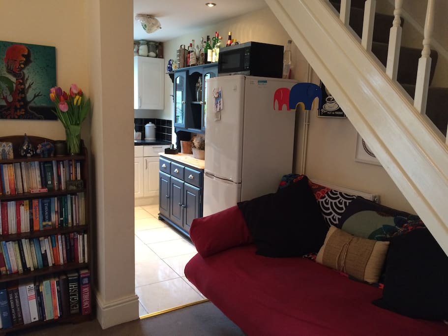 Dining area with view into kitchen