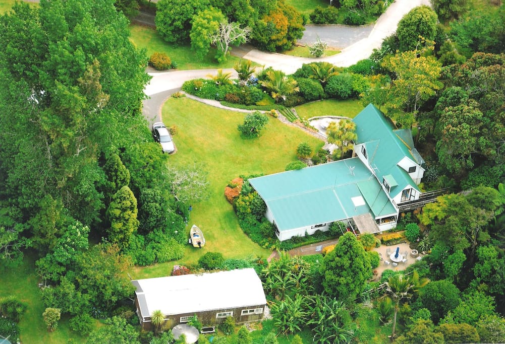 Aerial view of house and gardens