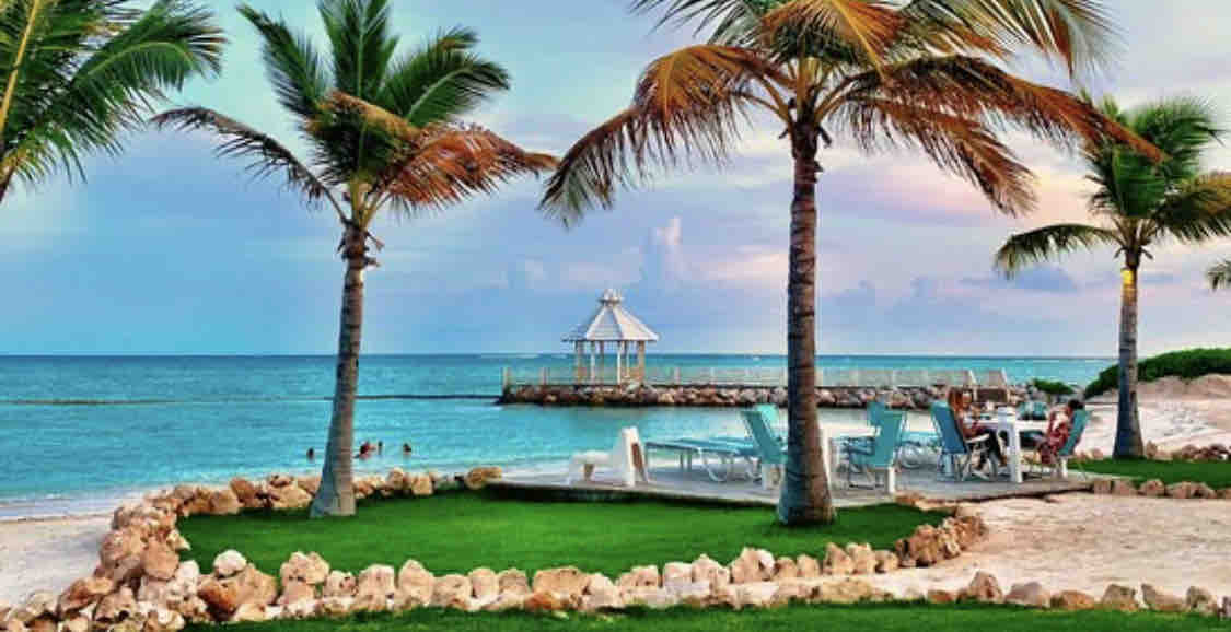 A scenic view of a beachfront area features gentle waves lapping at the shore. Palm trees sway in the breeze, framing a gazebo on a rocky pier. Beach chairs are arranged on the grassy area, inviting relaxation while oceangoers enjoy the water.