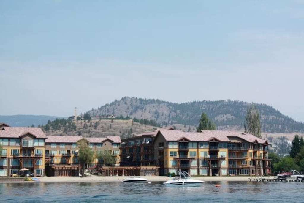 View from lake with Mission Hill Winery on the hill top in the background