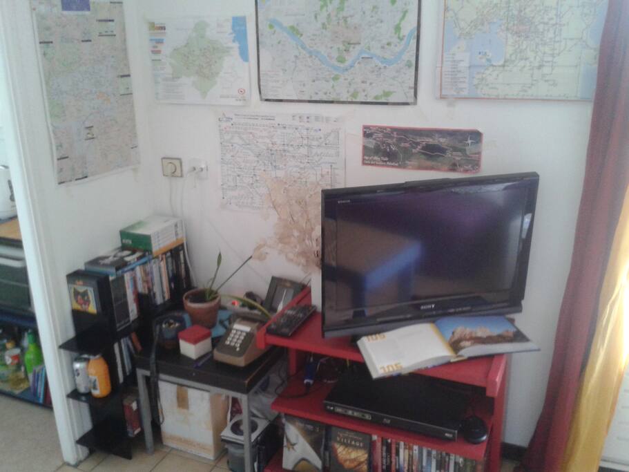 Le coin télé avec le lecteur bluray et ma collection de dvd à disposition