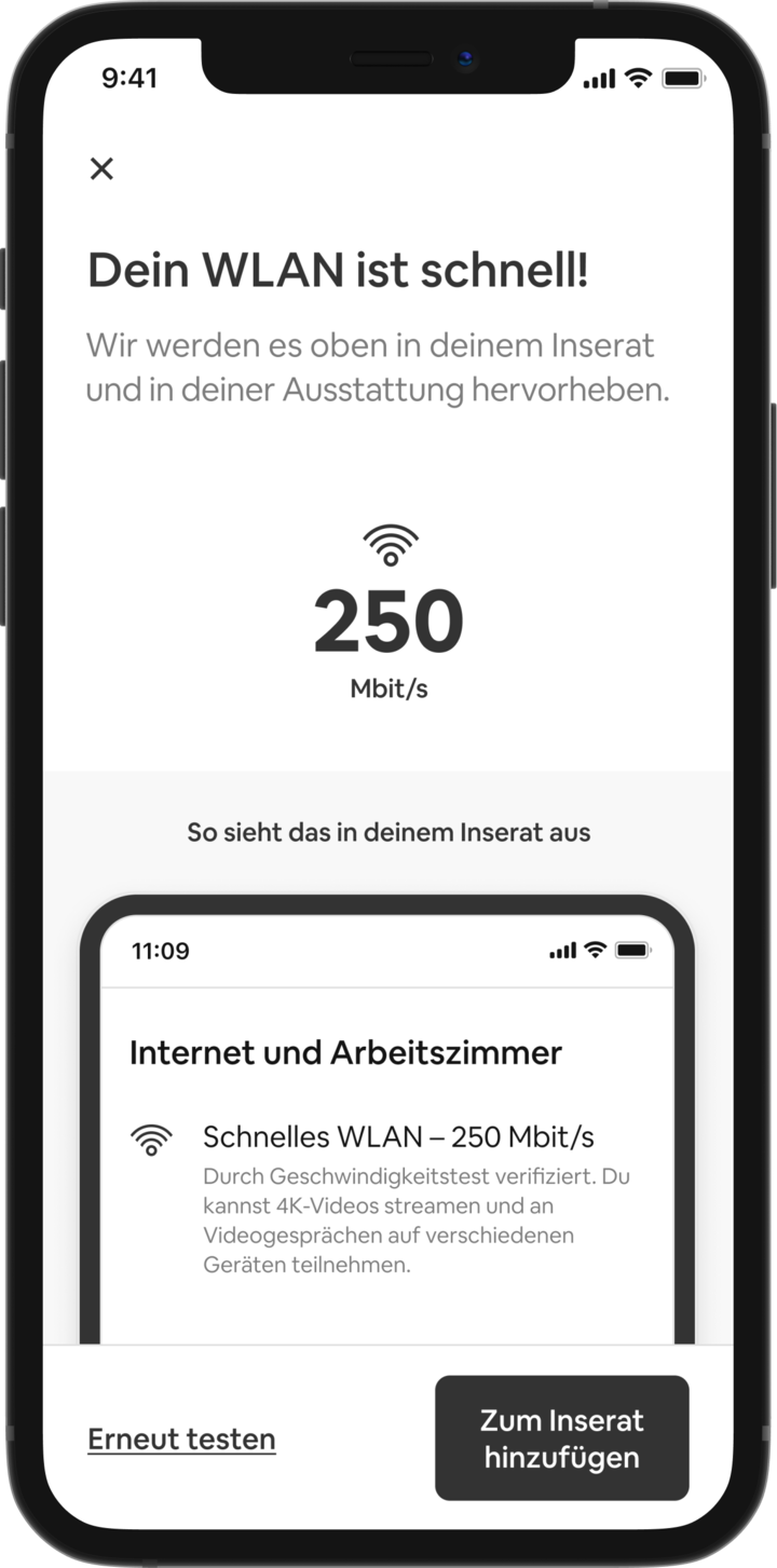 Ein Mobiltelefon zeigt eine Liste der Ausstattung einer auf Airbnb inserierten Unterkunft an. Über der Liste steht die Überschrift: „Internet und Büro“, begleitet von einer Textzeile, die lautet: „Schnelles WLAN – 250 Mbps. Durch Geschwindigkeitstest verifiziert. Du kannst in 4K streamen und an Videogesprächen an mehreren Geräten teilnehmen.“