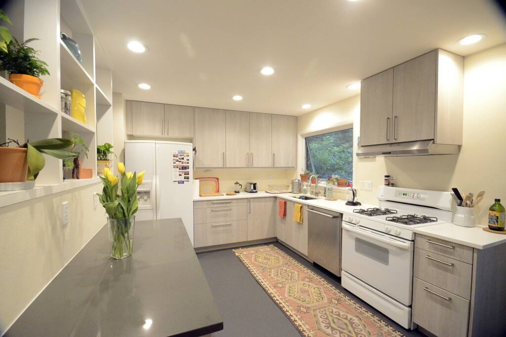 Kitchen with gas range oven, quiet dishwasher and a beautiful view into the backyard.