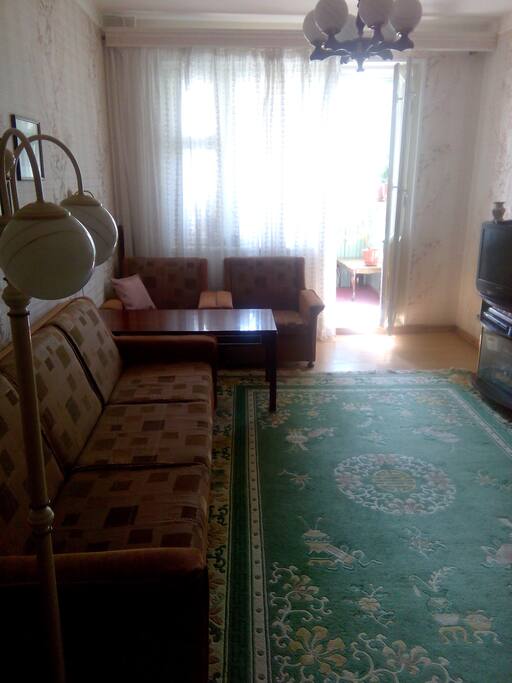 Bedroom - living room with a sofa. Also you can use two folding beds to sleep. ( Not air beds, but folding beds. There just wasn't such an option to choose in a description.)
