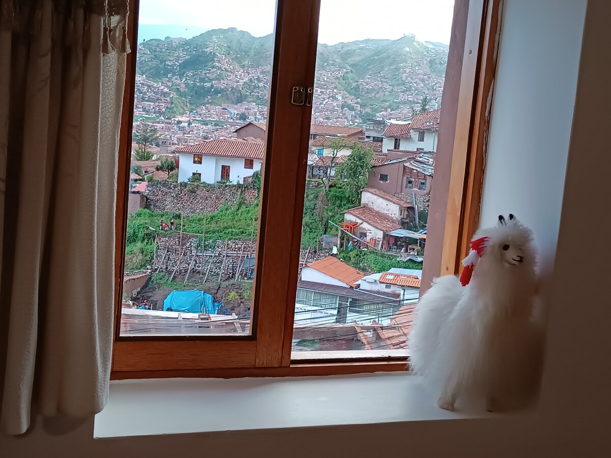 A window displays a view of the lush landscape and hills of Cusco. The window frame is wooden, and a soft plush figure sits on the sill, adding a touch of charm to the scene. Greenery and rooftops of nearby homes are observed beyond the glass.