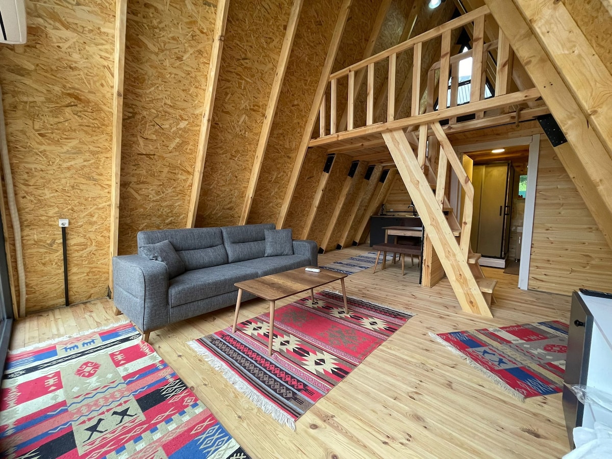 A spacious interior features high, angled wooden ceilings and exposed beams. A comfortable gray sofa is positioned alongside a simple wooden coffee table, with decorative rugs adding color to the wooden floor. An open loft area can be seen above, enhancing the airy atmosphere.