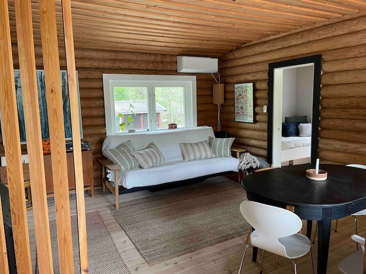 "Storstugan" / living room seen from the entrance

The sofa bed (140 cm at a fold-out).