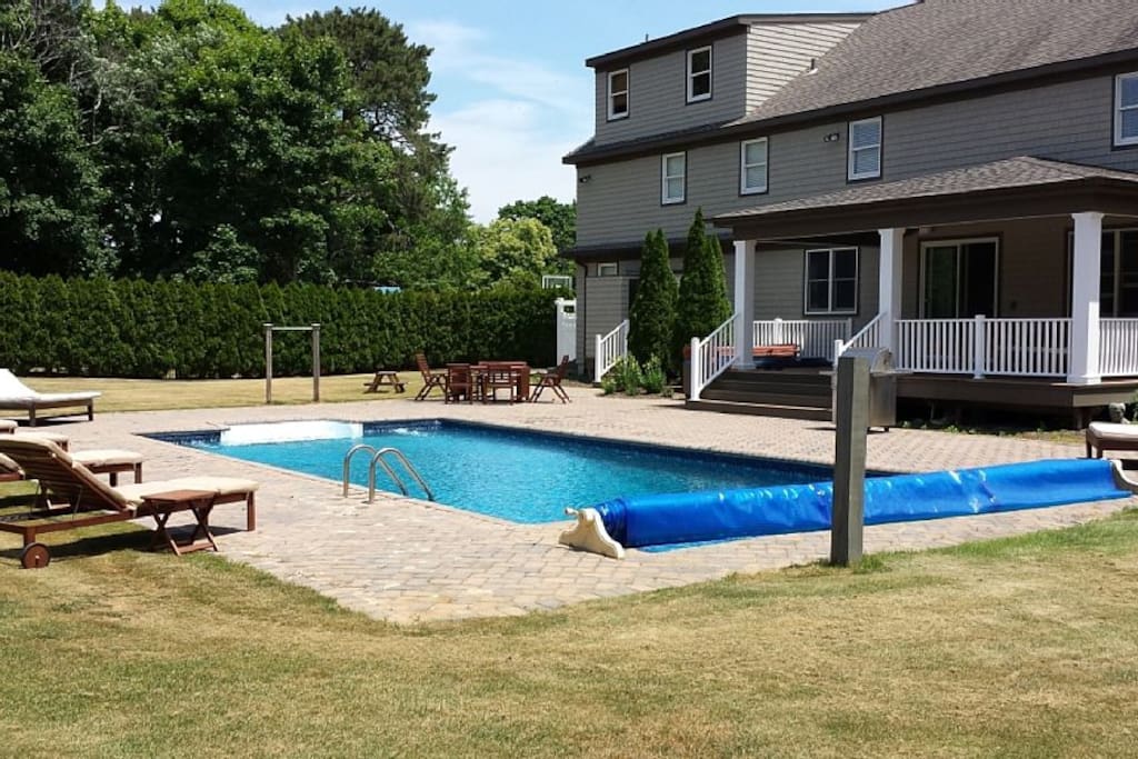 Backyard with 20x40 in-ground pool, secluded and hedged in