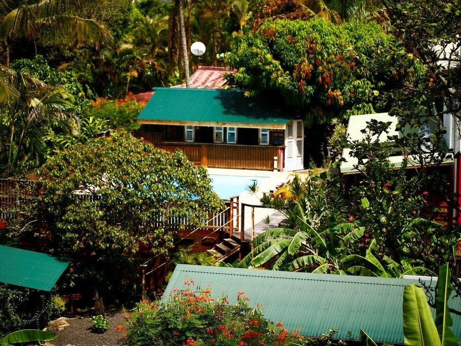 An aerial view captures a vibrant landscape filled with lush greenery surrounding two lodges. A turquoise pool glimmers in the center, framed by wooden decking. Tropical plants and trees fill the area, enhancing the serene setting.