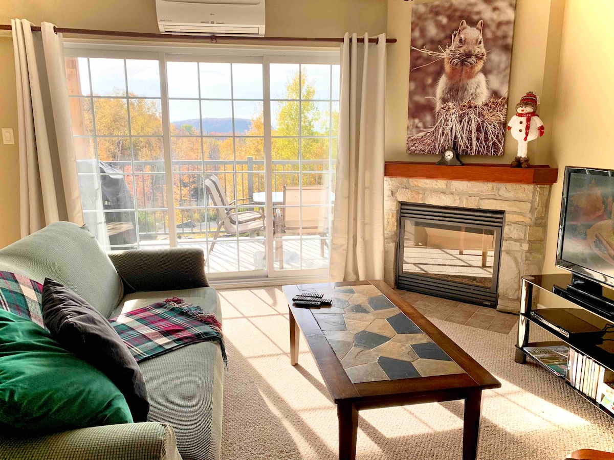 A bright living area is depicted, featuring a comfortable sofa adorned with a tartan throw. A coffee table with a stone inlay sits in front of a cozy fireplace. Large glass doors lead to a balcony, allowing natural light to fill the space.