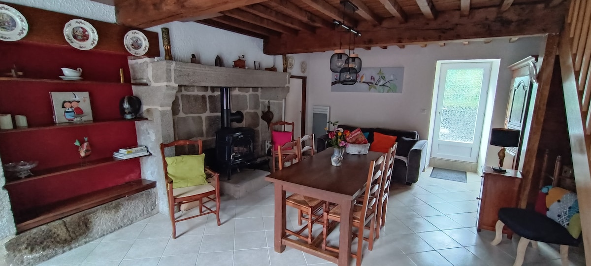 A cozy living area features a wooden dining table surrounded by six chairs, with colorful cushions adding a pop of color. A stone fireplace is positioned against the wall, and a comfortable seating area is visible near a bright window. Shelves display decorative items.