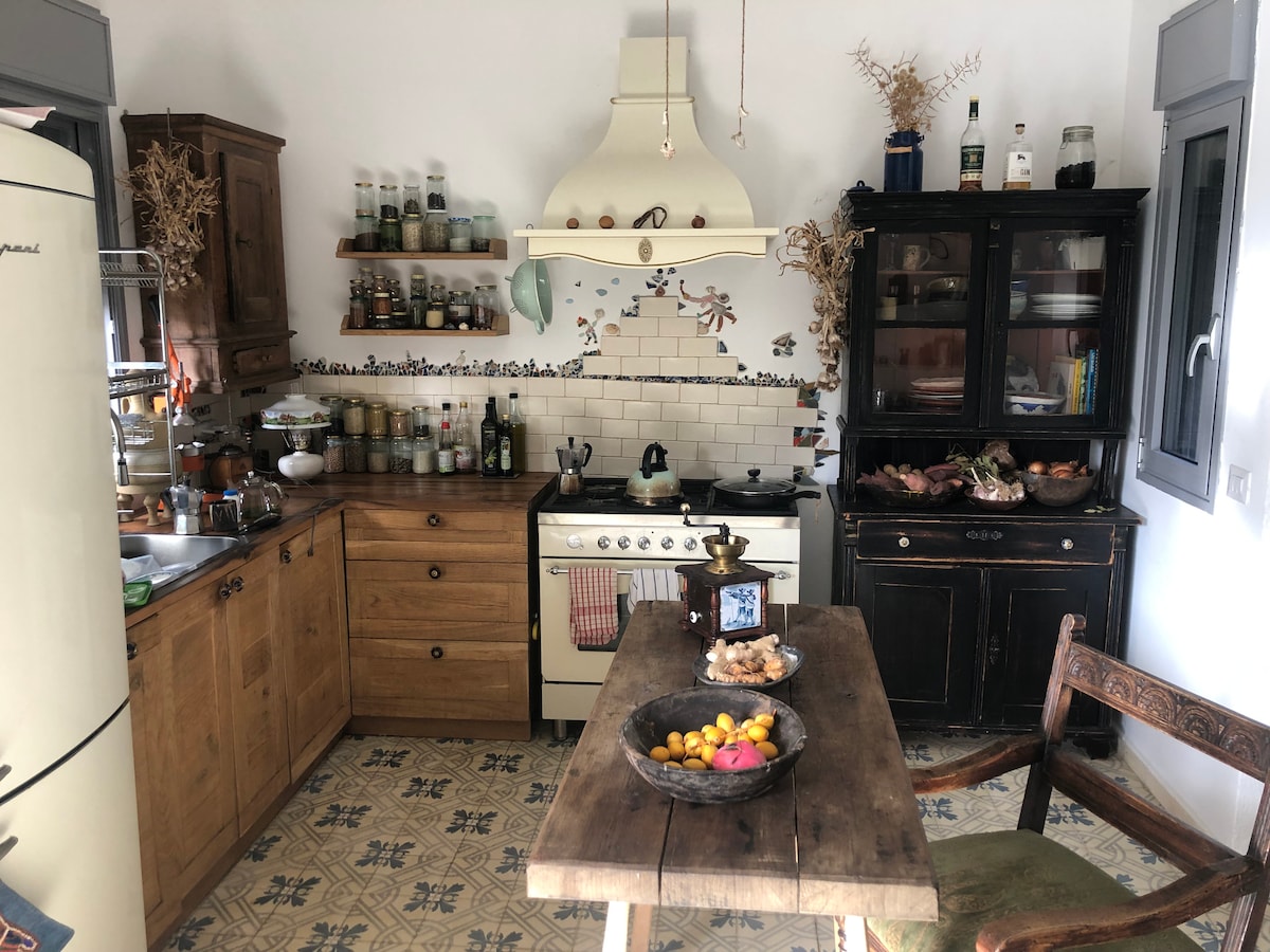 A rustic kitchen with wooden cabinetry features a vintage stove and an assortment of jars lining the shelves. A dark glass cabinet displays various kitchen items. A wooden dining table holds a bowl of fruits, complemented by an antique chair beside it.