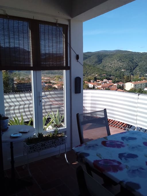 Rear terrace for having breakfast or watching the sunset overlooking the village of Prades and surrounding area