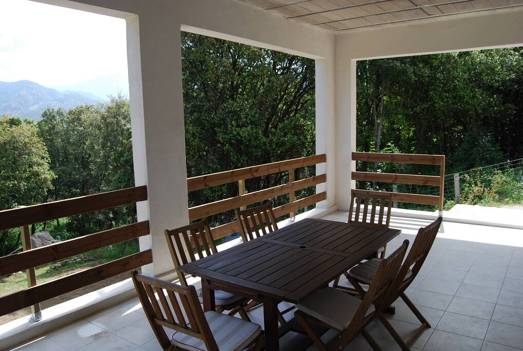 Terrasse avec table, transats, barbecue.