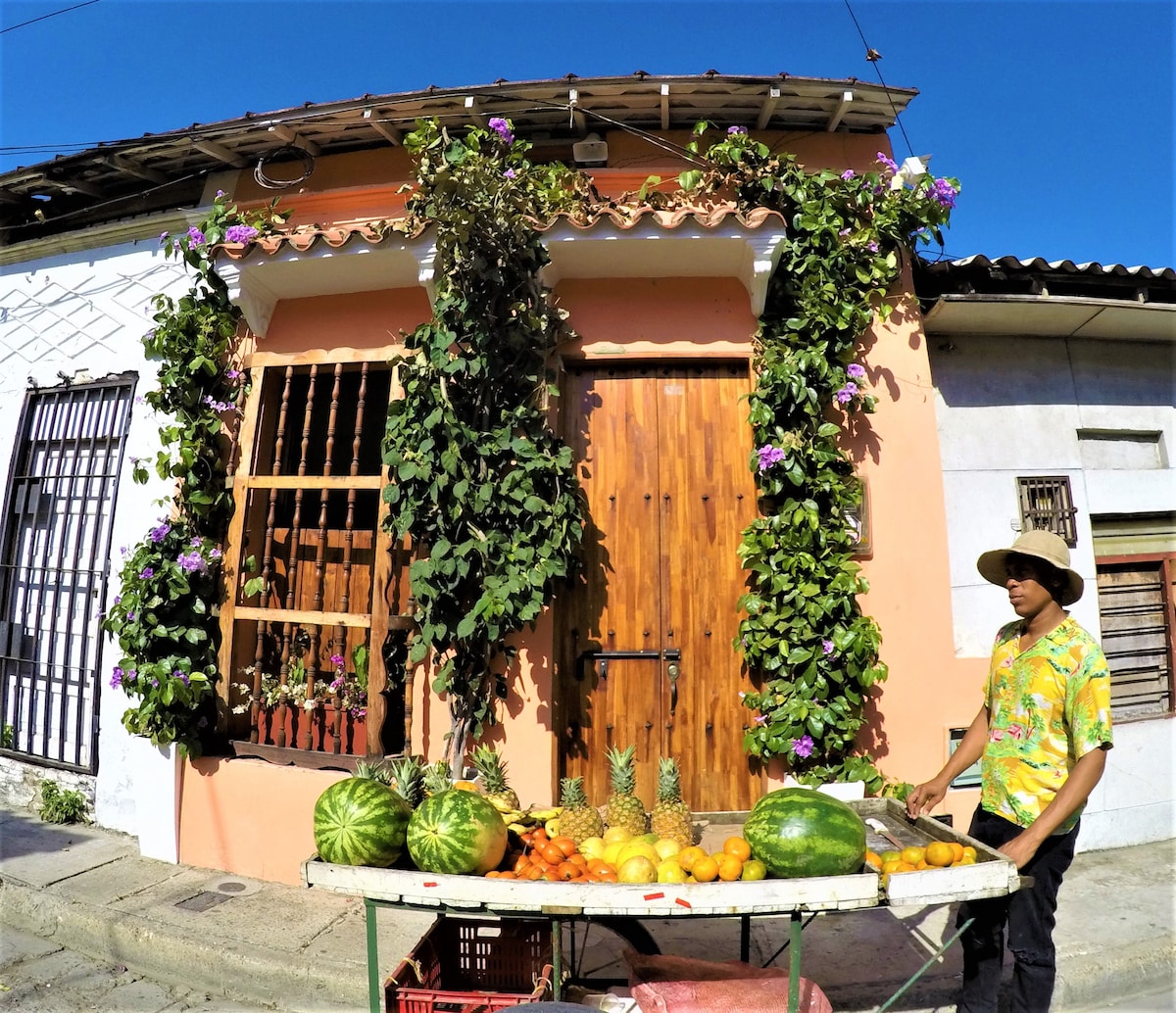 A charming building is presented with a wooden door framed by lush green vines and vibrant purple flowers. A fruit stand is positioned in front, displaying an array of fresh produce, including watermelons, pineapples, and oranges. The bright blue sky enhances the warm atmosphere.
